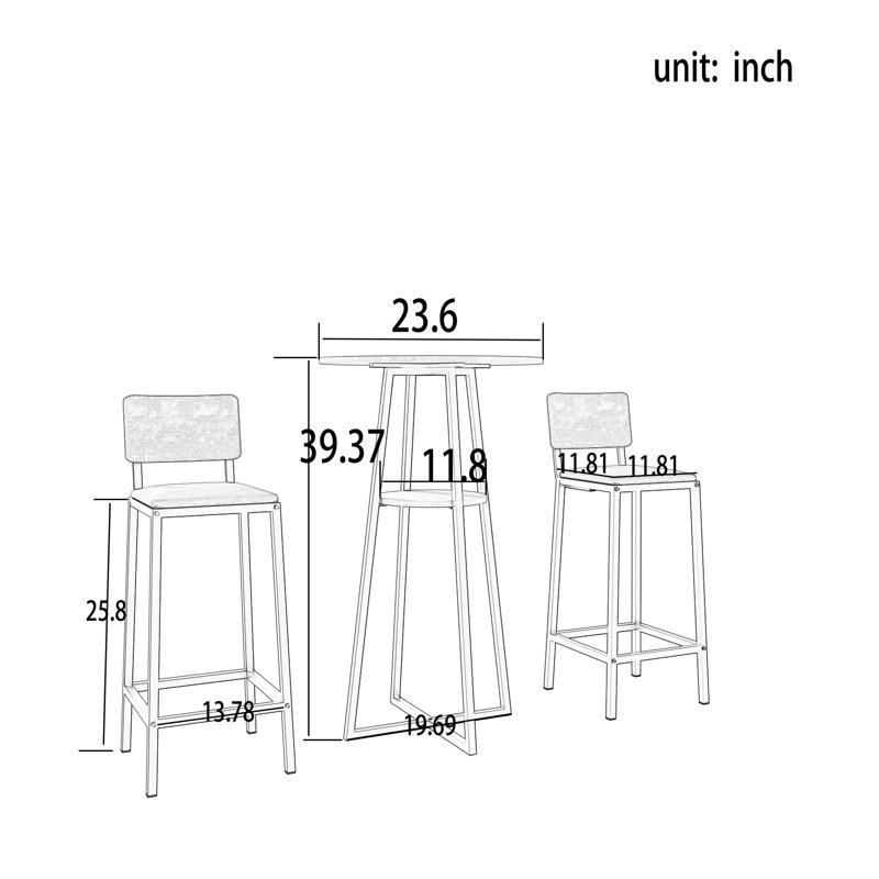 -piece bar table and chair set with gold frame, storage table, sponge cushions, beige and orange upholstery