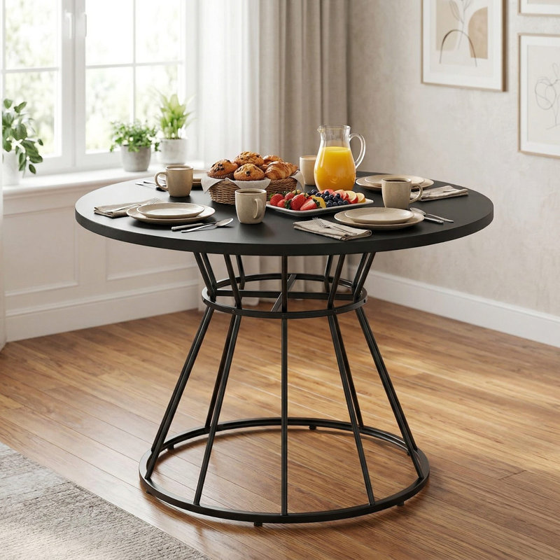 47-Inch Farmhouse Rustic Round Dining Table For 4, Natural Textured Solid Wooden Tabletop With Smooth Waterproof Anti-Scratch Easy-To-Clean Surface