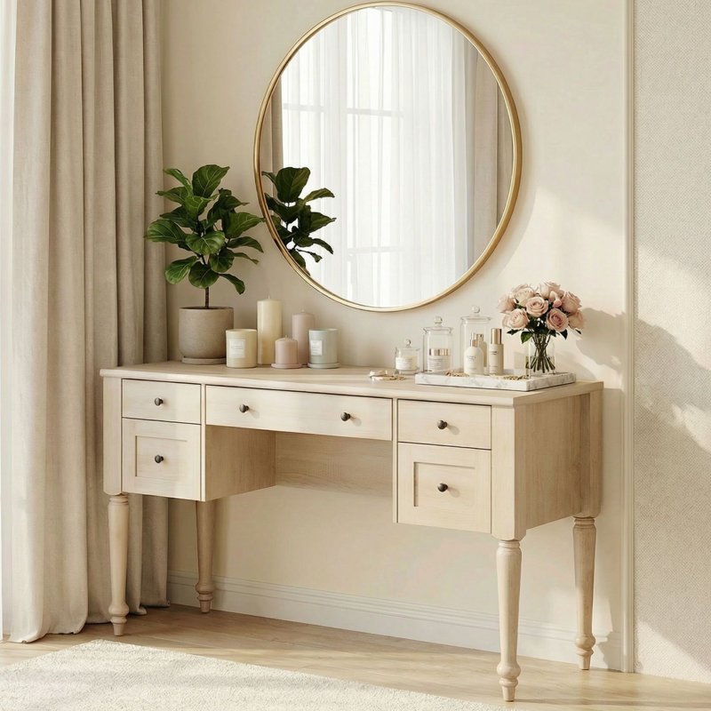 Beige Makeup Vanity Desk With 5 Drawers, Charging Station, Rear Cabinet & Open Shelf, No Mirror, 56", Beige