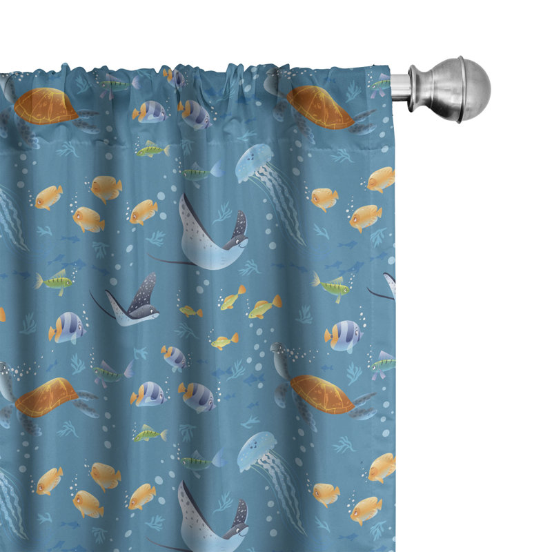 Rideaux 4 panneaux East Urban Home Under the Sea, bleu marine et multicolore, L 56 po x L 95 po