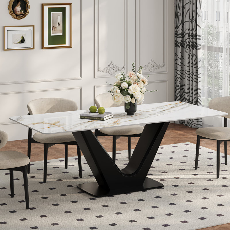 71'' Luxury Rectangular Dining Table - Faux Marble Top with Black V-Shaped Carbon Steel Base, Contemporary Kitchen Table for Dining Room