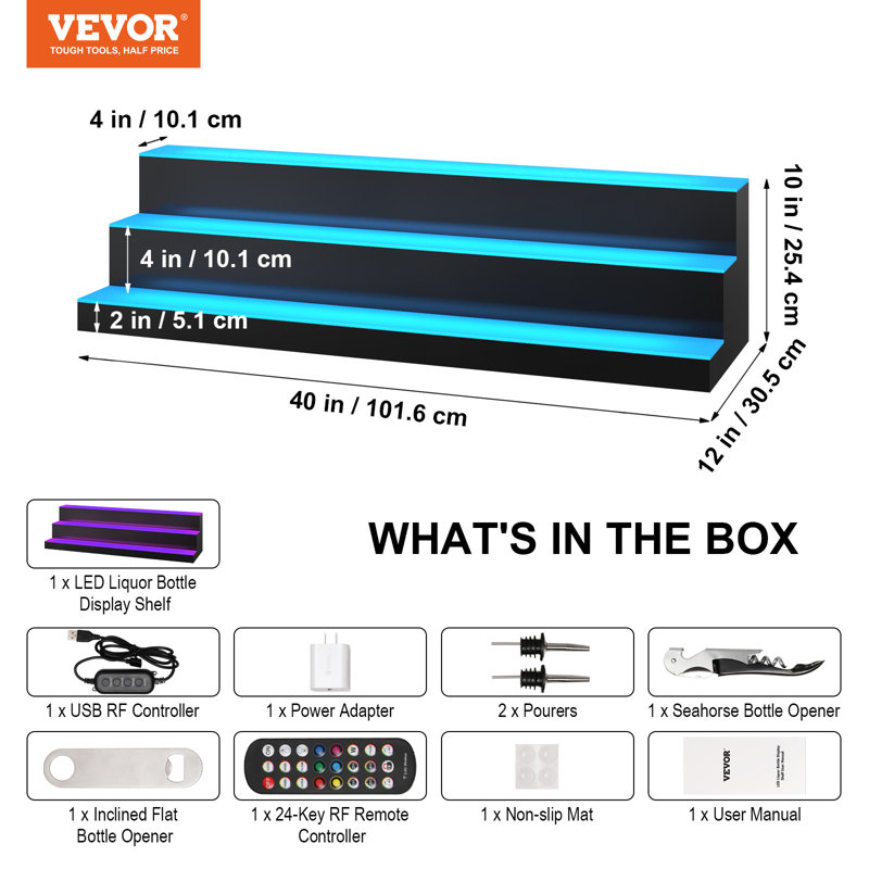 VEVOR LED Lighted Liquor Bottle Display Bar Shelf RF & App Control 30" 3-Step, 10" H x 40" W x 12" D