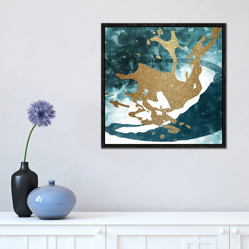 Teal Gold Splash I by Kimberly Allen - Painting on Canvas, Black Framed, 45.72 cm H x 45.72 cm W