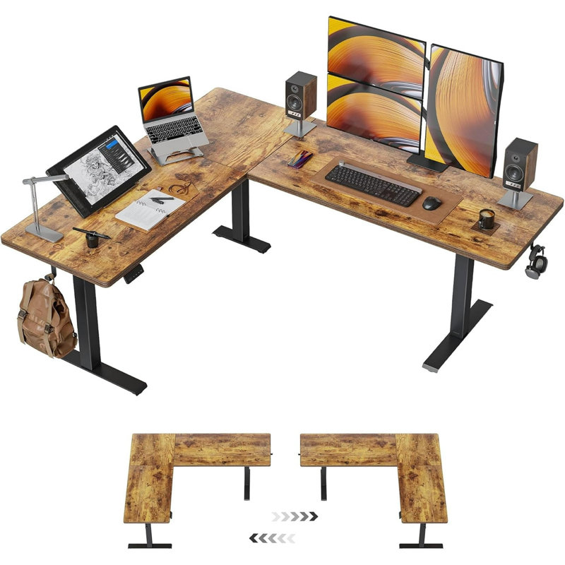 Bureau debout réglable en L 75 po, Brun / Noir, H 28,3 po x l 75 po x P 63 po