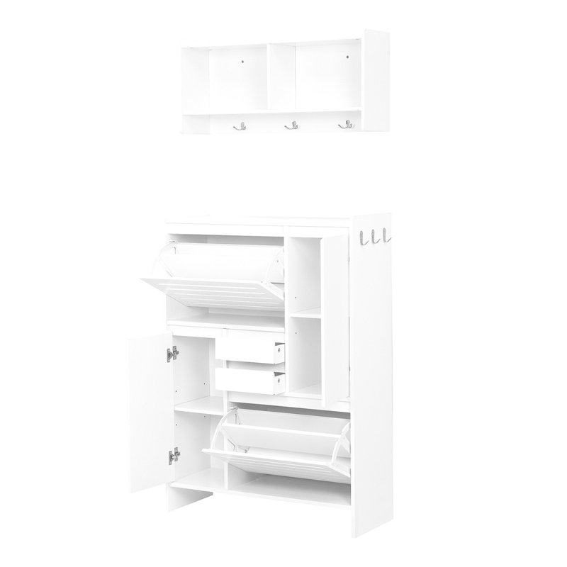 Multi-Functional Tipping Bucket Shoe Cabinet With Wall Cabinet, Space-Saving Design Foyer Cabinet With 2 Flip Drawers, Versatile Side Cabinet For Hallway