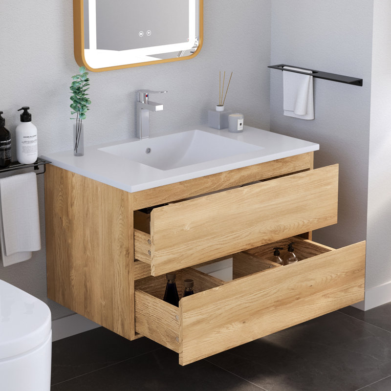 Armoire de salle de bain murale 30 po avec lavabo flottant moderne avec 2 tiroirs à fermeture en douceur, Nature, 30"