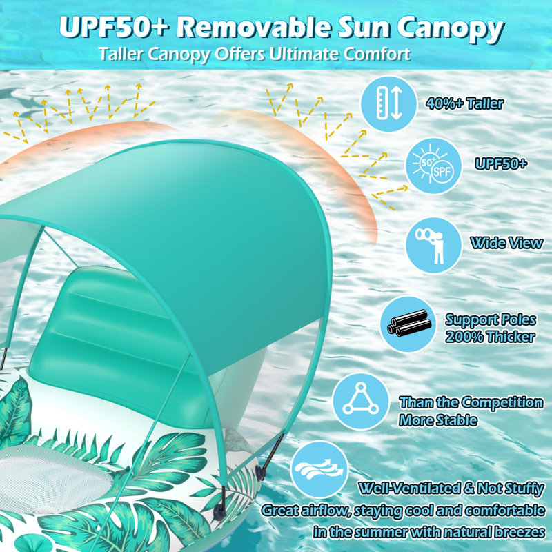 Pool Floats With Canopy, Inflatable Pool Float Adult, Lounger Floaties Raft Floating Chair For Swimming Pool Lake Water Lounge Float With Cup Holders