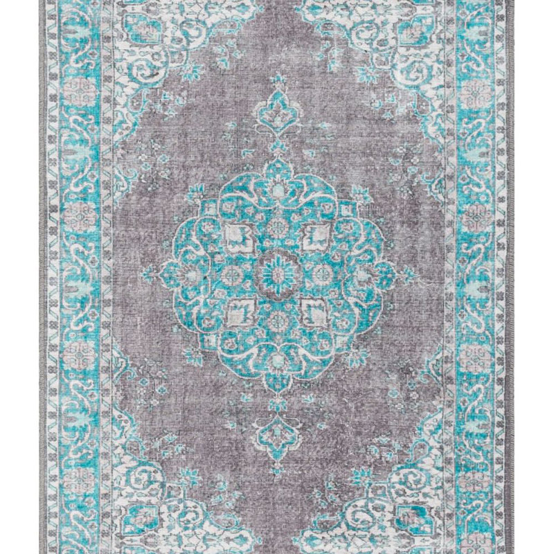Nile Vintage Flat-Weave Machine Washable Medallion Teal Rug, Runner 63 x 220cm