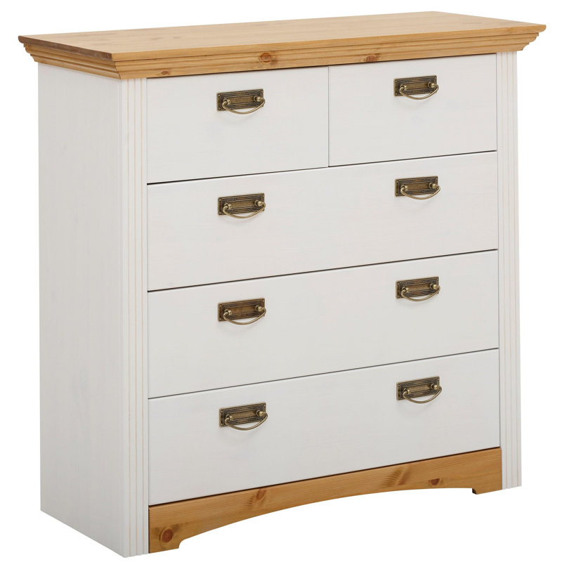 5 Drawer 88.9Cm W Solid Wood Chest Of Drawers, White/Honey