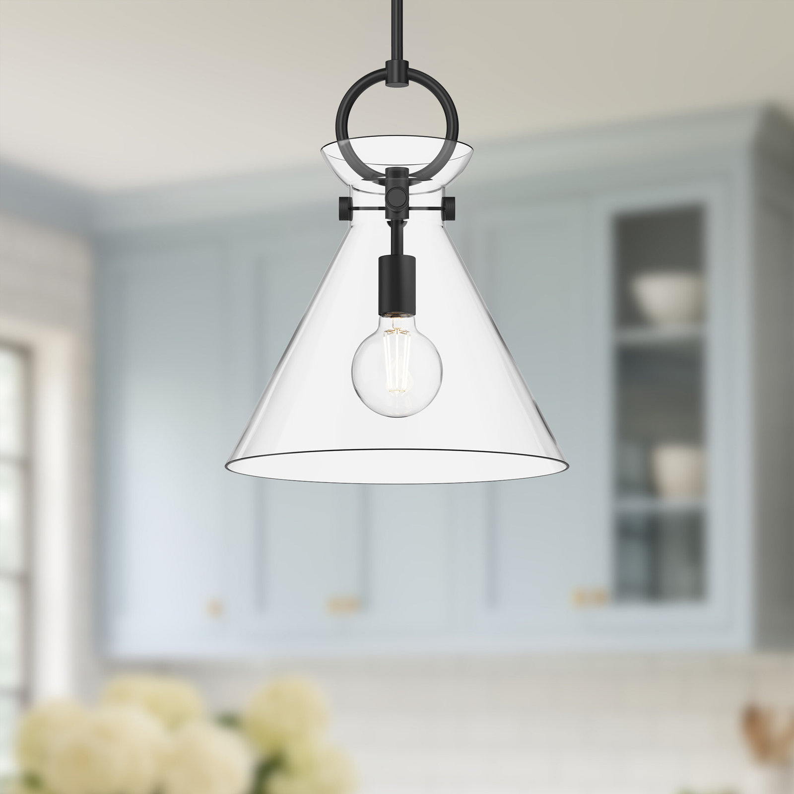Tiney Single Light Glass Steel Pendant, Matte Black/Clear, 17" H x 14" W x 14" D