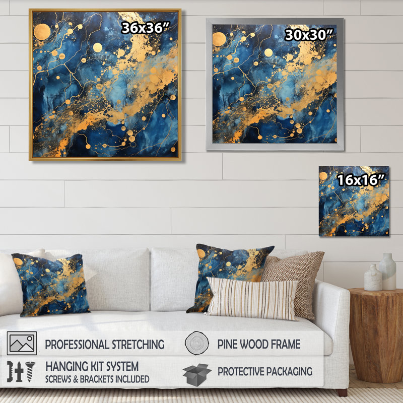 Sparkling Gold Blue Ocean - Art mural marbré, Toile tendue, H 36 po x l 36 po x P 1,5 po