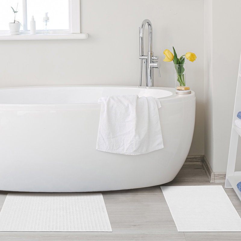 Pardue Cotton Geometric-Striped Reversible 2 Piece Bath Mat Set, White, Solid Color