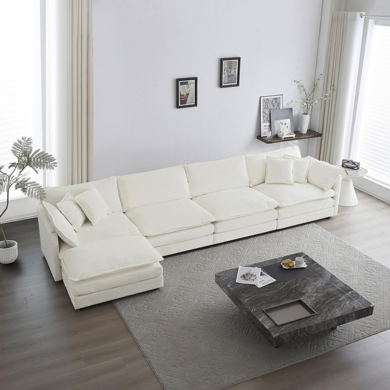 Canapé modulaire modulaire pour le salon, canapé en U convertible 5 places avec 1 repose-pieds chenille, Chenille blanche