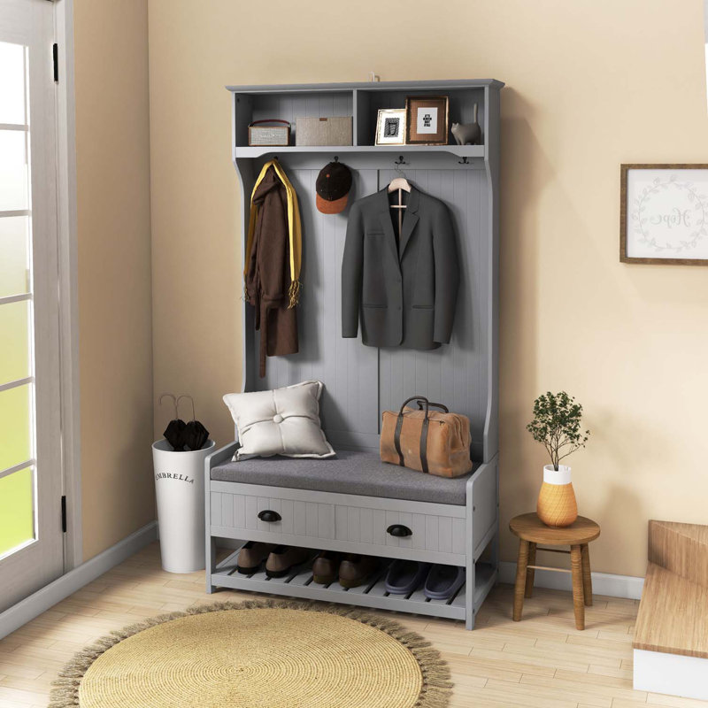 Hall Tree with 2 Storage Drawers, 4 Hooks, Gray