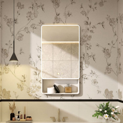 35.4" H LED Bathroom Medicine Cabinet with Anti-Fog Mirror, Warm Light, Recessed/ Wall-Mounted Storage Cabinet with Open Shelf, Aluminium-Plastic Bathroom Mirror Cabinet