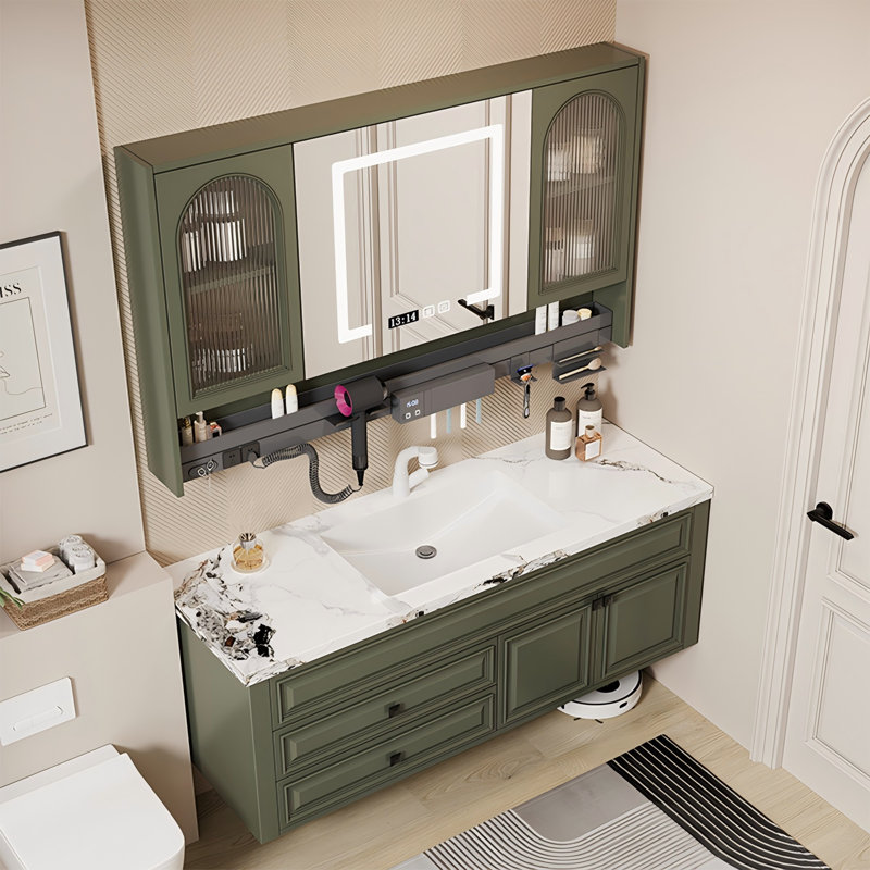 Meuble-lavabo mural 51,18 po en bois d'hévéa avec miroir, 52"