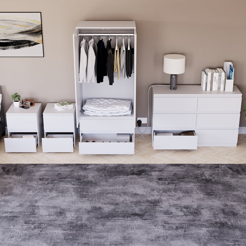 Tanino 4 Piece Bedroom Set (2 Drawer Large Bedside Chest X2, 6 Drawer Chest, 2 Door 2 Drawer Wardrobe), White