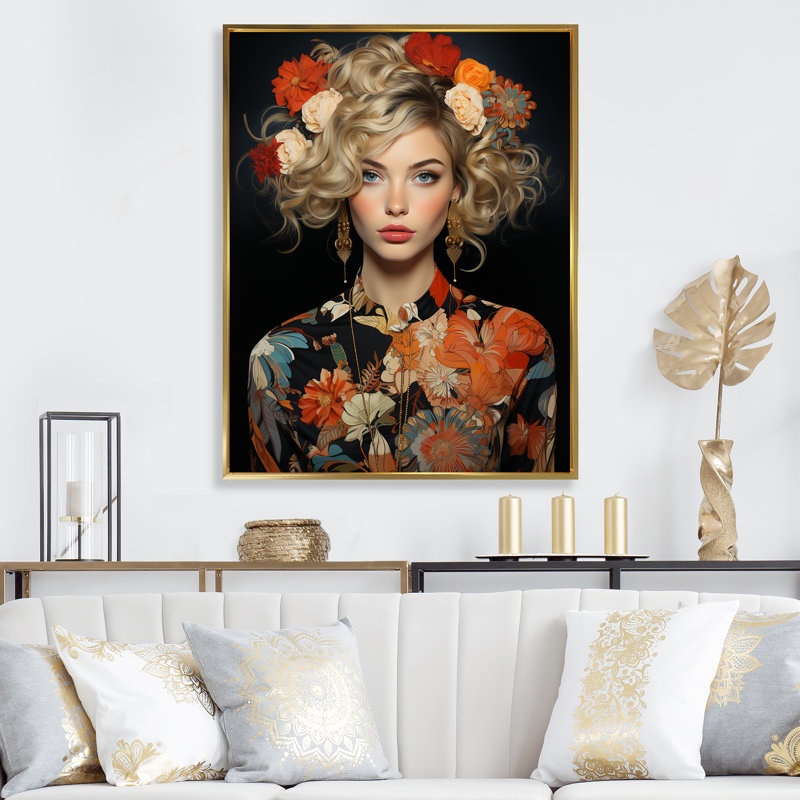 Art floral rétro, portrait de femme I - Pop Art, Cadre photo noir, H 40 po x l 30 po