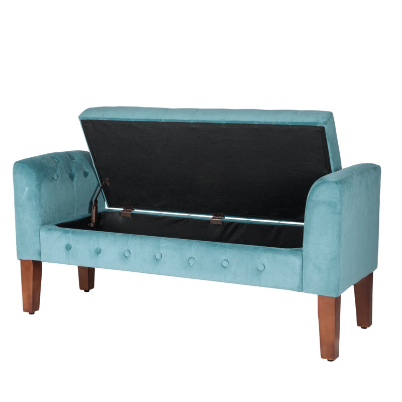 Banc de rangement à couvercle rabattable rembourré, Velours bleu sarcelle