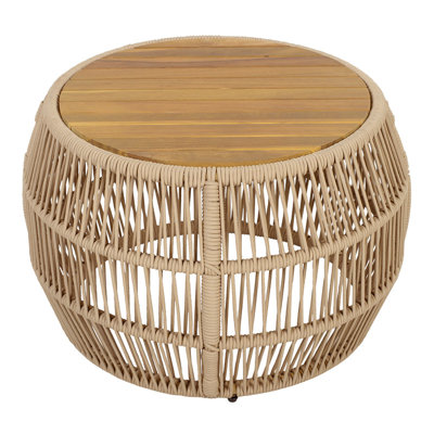 Table d'appoint ronde en bois d'acacia avec structure en corde beige clair, plateau en teck, capacité de 150 lb, aucun assemblage requis, table d'appoint résistante aux intempéries pour le salon de patio