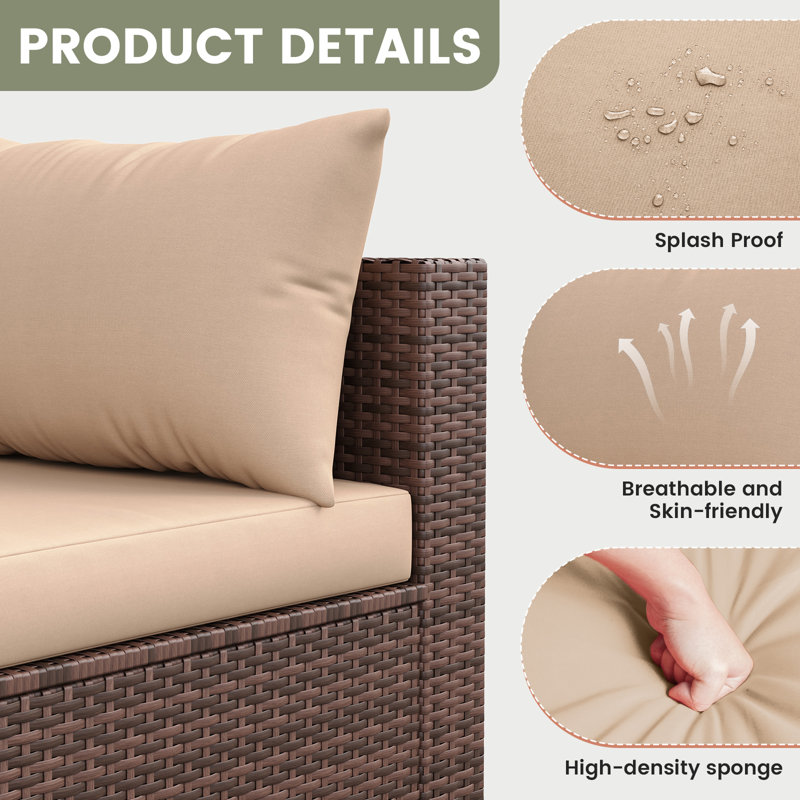 2-Piece Outdoor Modular Corner Sofa Set, All-Weather Wicker Rattan Patio Seating With Cushions & Pillow, Beige