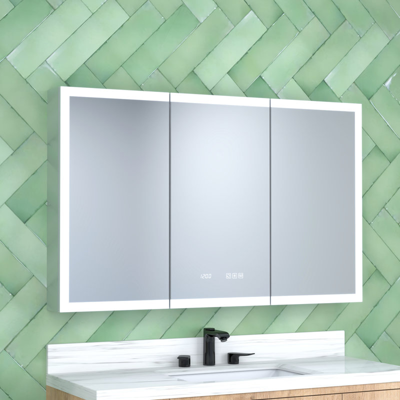 48 po Armoire à pharmacie en aluminium encastrée / à fixation en surface avec miroir haute définition, DEL intégrée, panneau arrière robuste, charnières à fermeture douce à 110 °, trois lumières colorées et fonction de brouillard