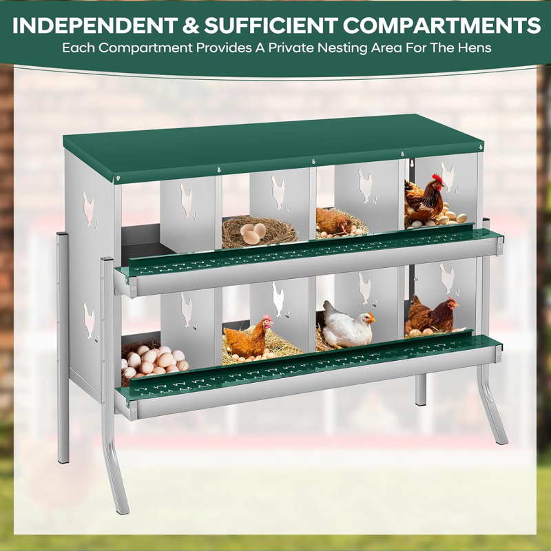 Chicken Nesting Boxes with Bracket Legs,Two-Tier Metal Chicken Egg Laying Box with 8 Compartments Large Vented Holes for Egg Collection,Green