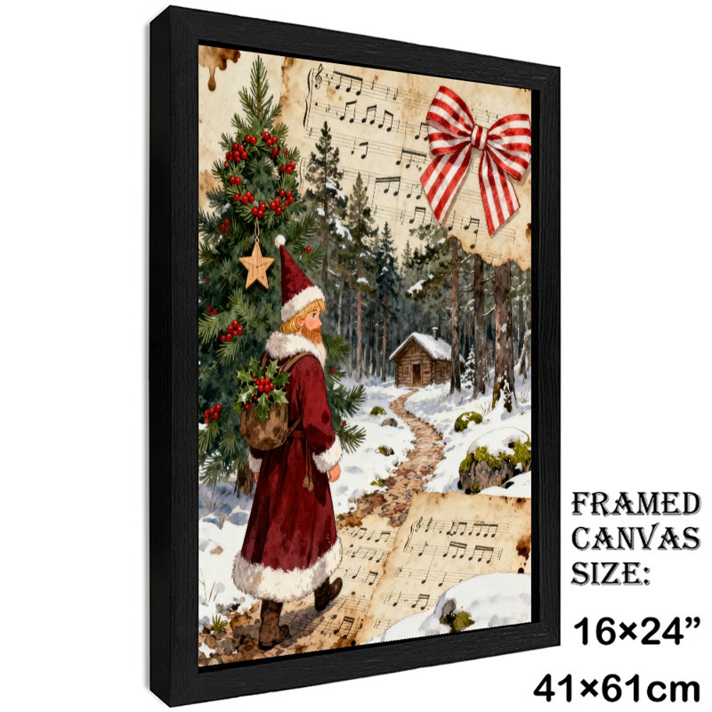 Art mural rétro noir avec père Noël et arbre de Noël, impressions de style rétro, H 25 po x l 17 po