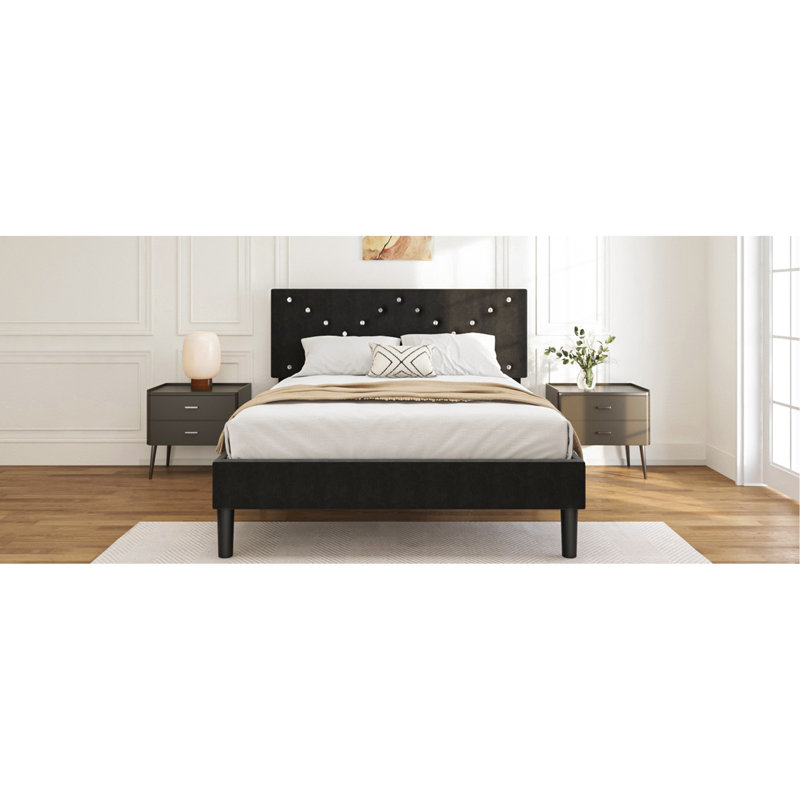 Structure de lit plateforme moderne avec tête de lit tapissier et lattes en bois - aucun sommier requis, assemblage facile, noir