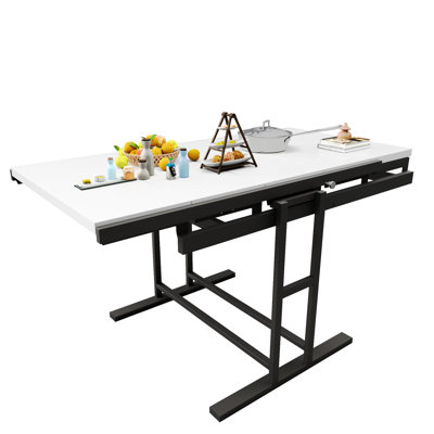 Table convertible en bois massif, Home Radiance, Table de salle à manger blanche avec tablette