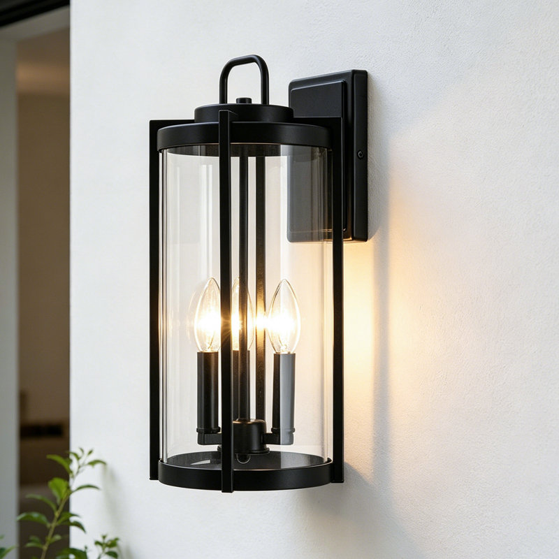 Amyann - Lanterne murale d'extérieur noire matte à 3 lumières 17 po avec verre transparent, indice d'humidité