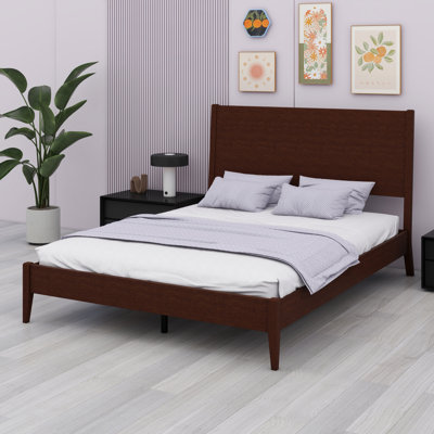Classic Mid-Century Modern Platform Bed, Wood Frame with Wood Slats & Metal Support