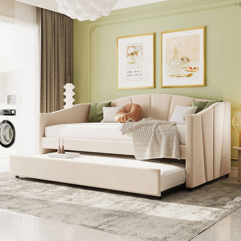 Lit de jour rembourré avec lit gigogne Kacy, Beige, Lit simple
