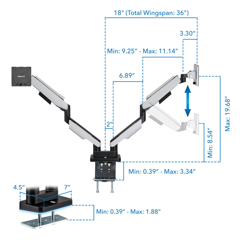 Matte Black and Grayish White Dual Monitor Desk Mount with RGB Lights