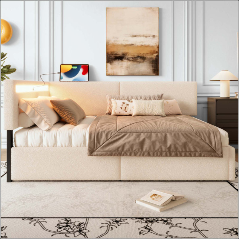  Structure de lit de jour de style Mid-Century rembourré avec tête de chargement USB intégrée, lit de jour rembourré en mousse touffetée, structure de lit multifonctionnelle compacte peu encombrante pouvant supporter 1 200 lb pour une chambre d'ado