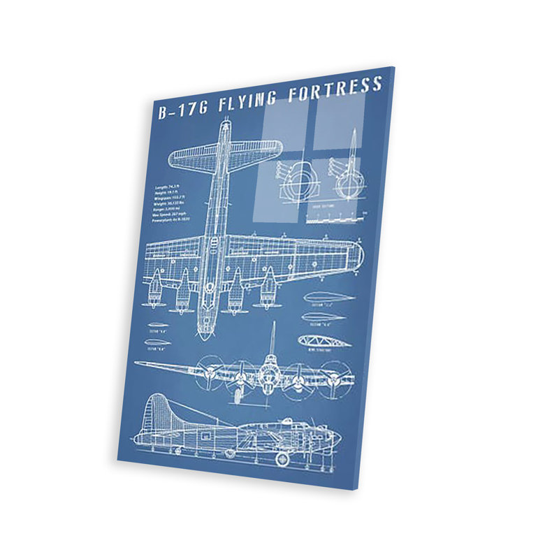 B-17, modèle d'avion de bombardier rétro imprimé sur verre acrylique, H 32 po x l 24 po x P 0,25 po, Noir / blanc