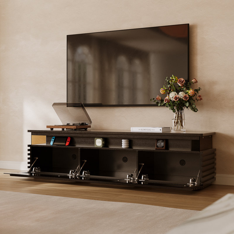 Meuble télé 79 po à lattes horizontales avec lumières DEL réglables, console multimédia moderne Mid-Century, rangement ventilé, noir, pour téléviseur de 65 à 75 po, entièrement assemblé