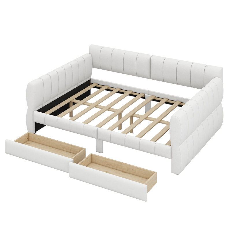 Upholstered Platform Bed With USB And 2 Drawers, White