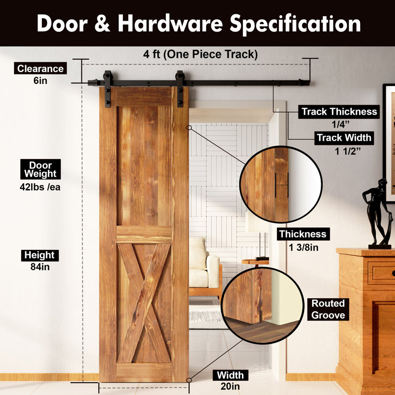 X Design Colour Solid Pine Wood Unassembled Door with Black Rustic Installation Hardware Kit, Early American, 20" x 84"