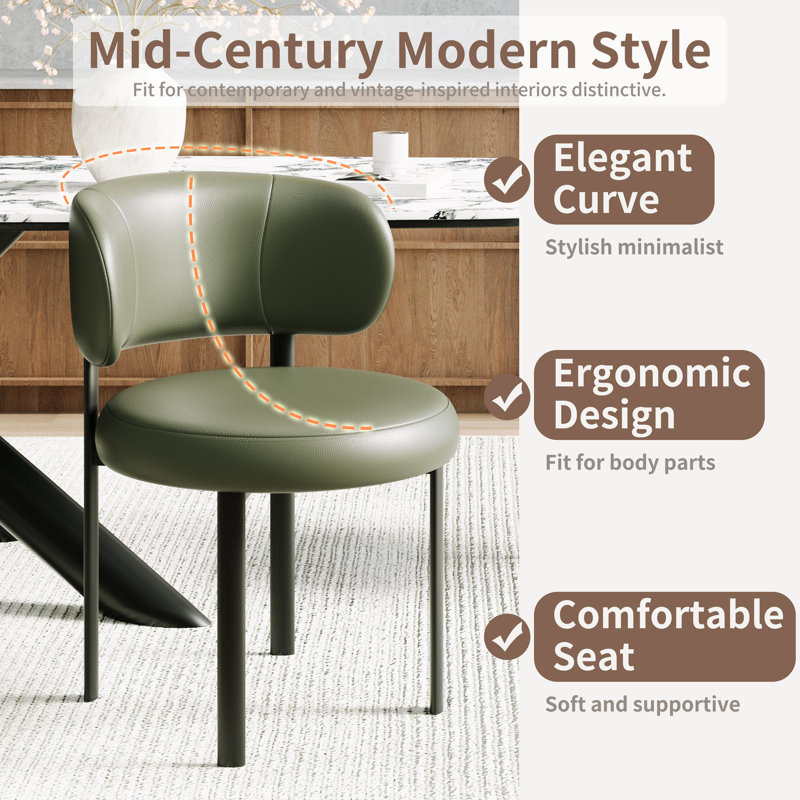 Upholstered Faux Leather Dining Chairs with Curved Backrest, Metal Frame, Green/Faux Leather, Set Of 4