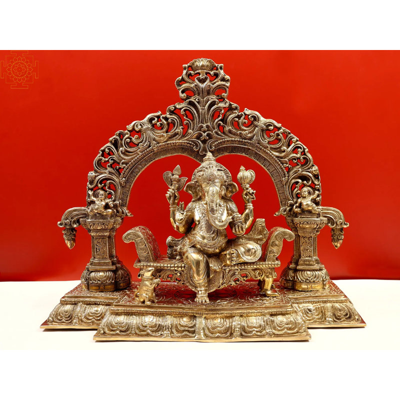 Enthroned Ganesha Sculpture en laiton de 22 pouces faite à la main par une divinité indienne décorative pour le vestibule du salon