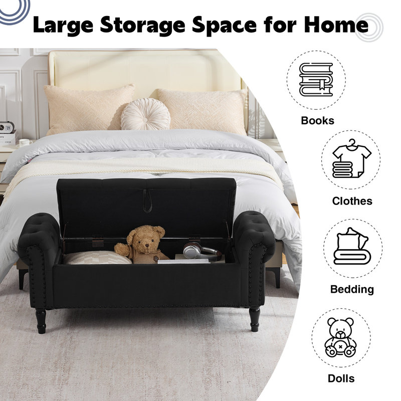 Lunara 51"Storage Bench for Bedroom End of Bed with Tufted Seat and Roll Nailhead Trims Arms, Velvet Black, 51''W