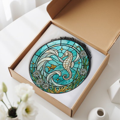 Seahorse Wave Stained Glass Window Panel，7.8H