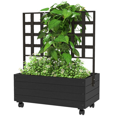 Raised Garden Bed With Trellis And Wheels, Outdoor Planter Wooden Elevated Garden Bed For Garden, Patio, Balcony