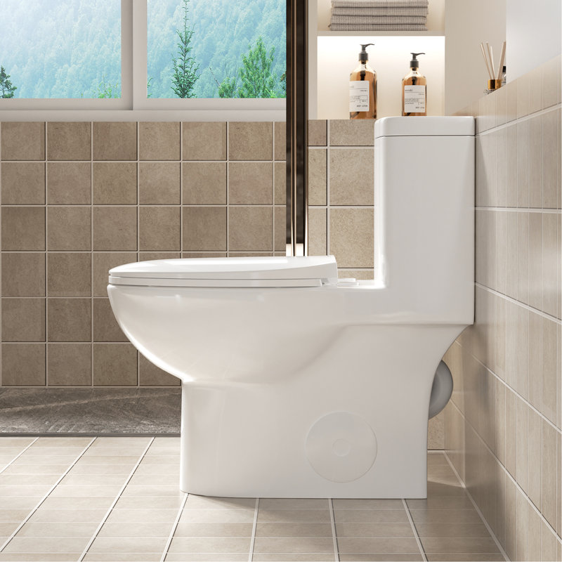 Toilette confortable avec siège 17 po, lavabo à double chasse 1,1 / 1,6, lavabo sans rebord, blanc brillant brillant 006 pour salle de bain en céramique hygiénique silencieuse