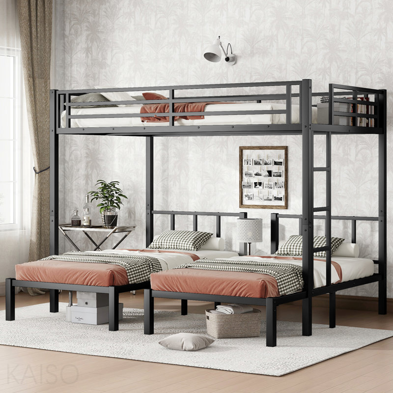 Twin Over Twin & Queen Bunk Bed, Metal Triple Bunk Bed With Safety Guardrails,Space-Saving/Noise Reduced,Black