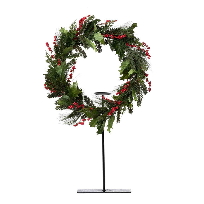 Pine and Holly Wreath on Candle Stand, 32" H x 32" W x 6" D