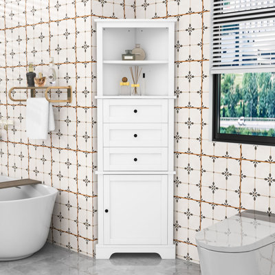 Tall Freestanding Bathroom Corner Cabinet with Adjustable Shelves, Doors and Triangle Drawers