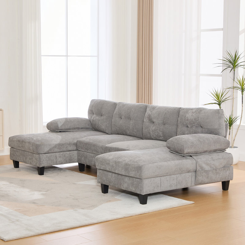 Canapé modulaire en U en chenille de 103,5 po avec méridienne double en U, Gris chenille