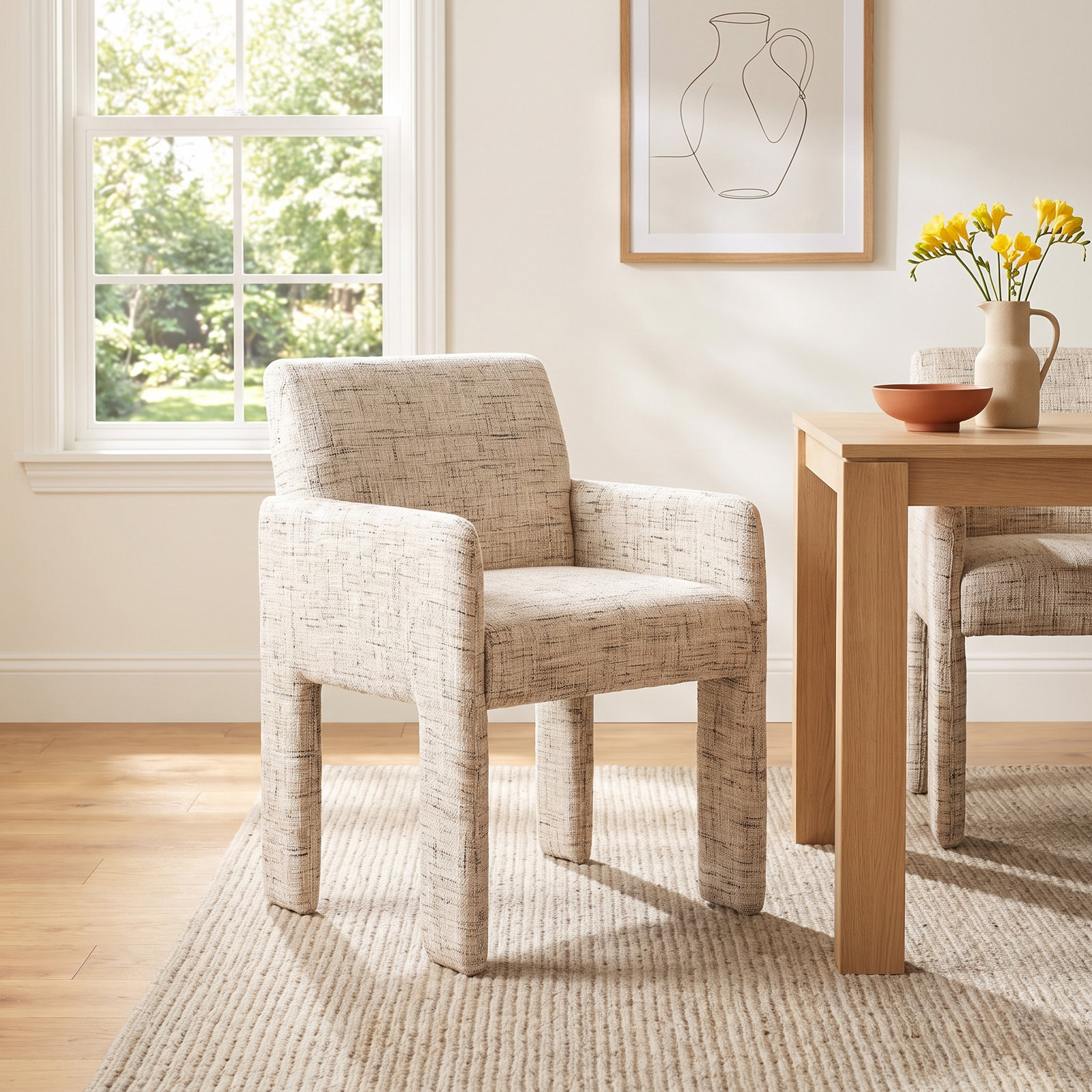 Leny Genuine Leather Dining Armchair, Linen Ostend Natural